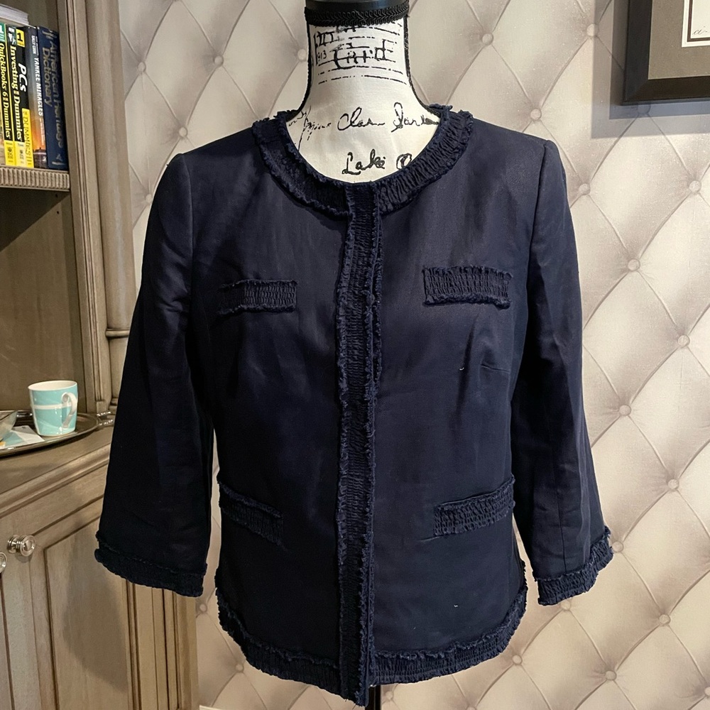 Talbots Blue Blazer Cropped Collarless Design
